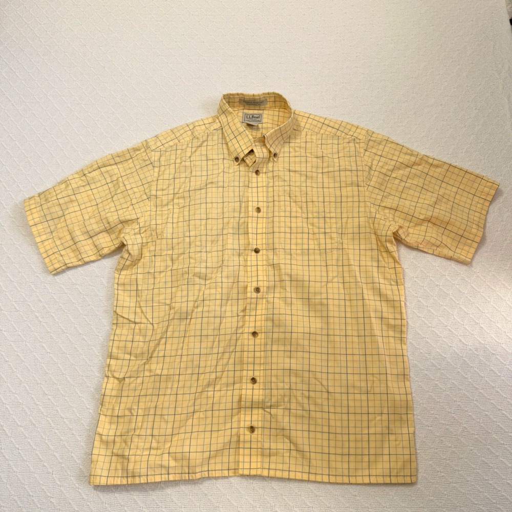 LL Bean Mens Yellow Tattersall Plaid Short Sleeve Button Down Shirt L Tall